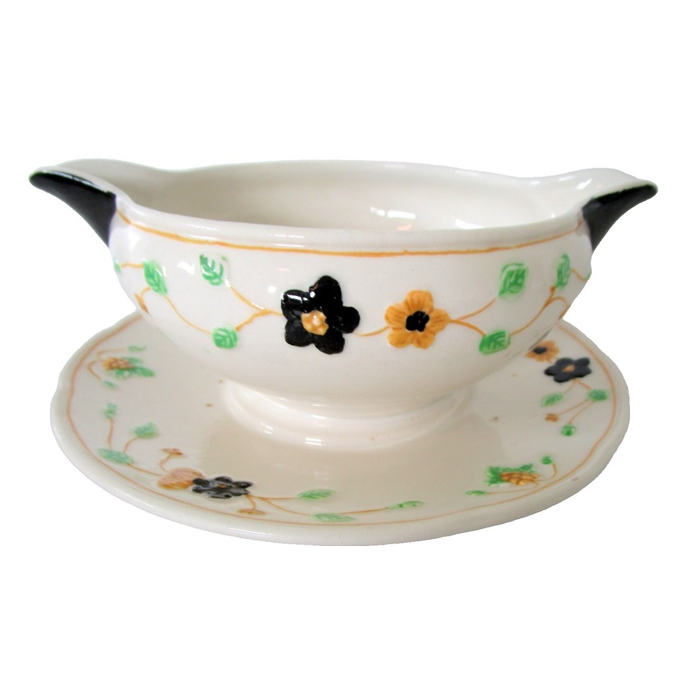 Wedgwood RARE Queen's Ivory Arbor Gravy Serving Bowl with Attached Plate 1930's